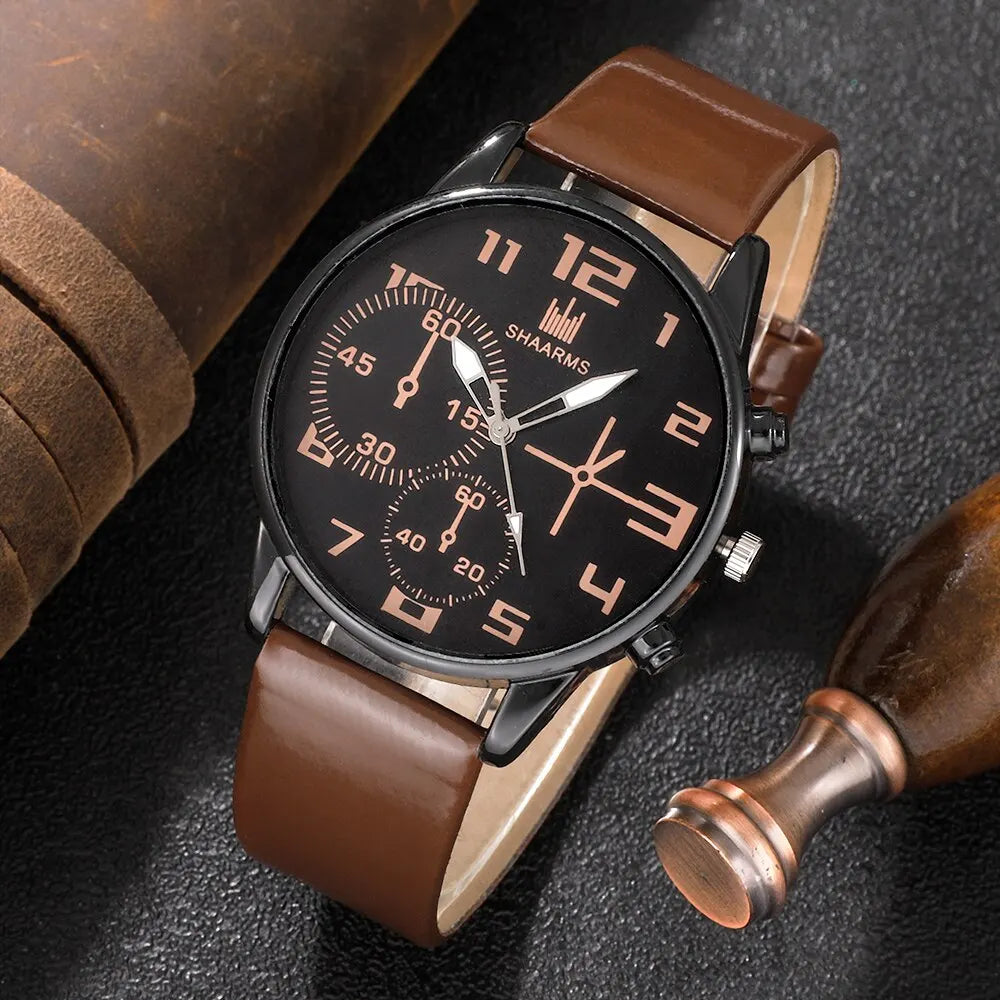 5PCS Set Fashion Mens Sports Bracelet Watches for Men Retro Big Dial Quartz Wrist Watch Classic Male Casual Brown Leather Watch