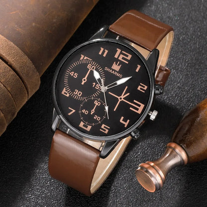 5PCS Set Fashion Mens Sports Bracelet Watches for Men Retro Big Dial Quartz Wrist Watch Classic Male Casual Brown Leather Watch