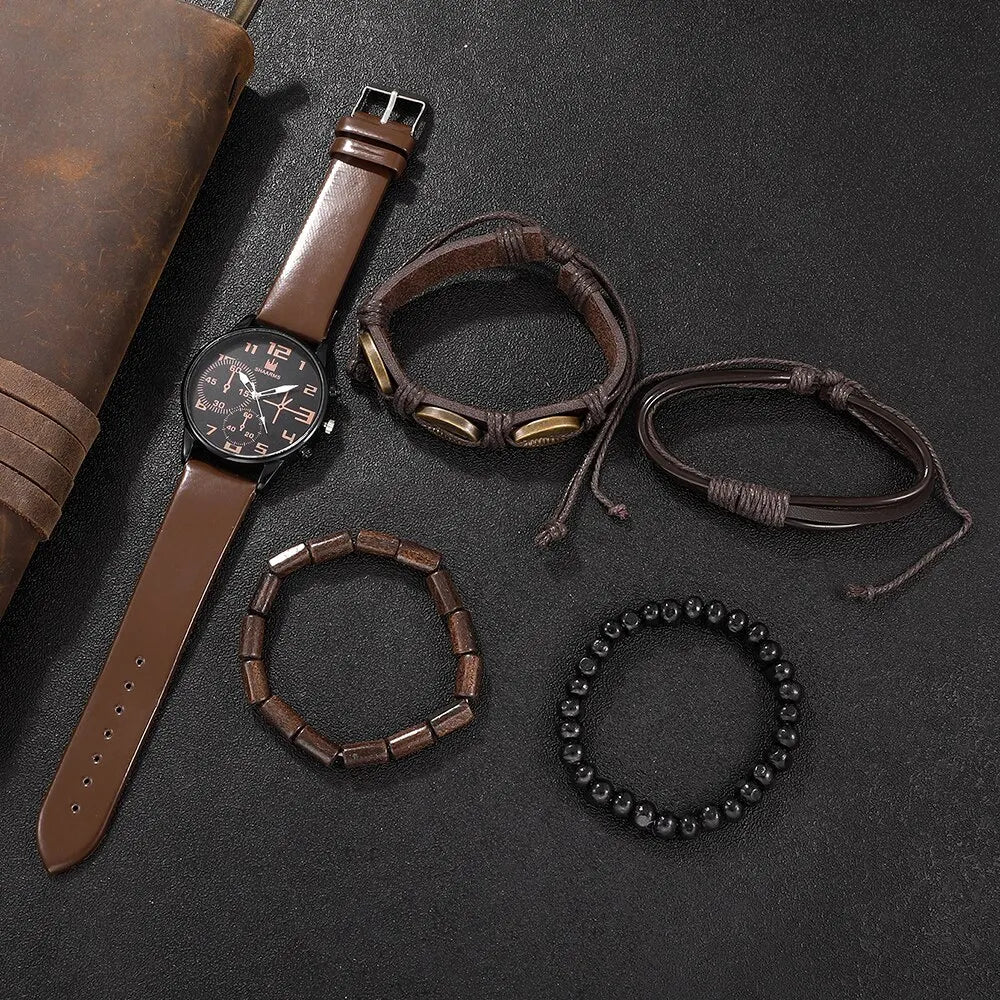 5PCS Set Fashion Mens Sports Bracelet Watches for Men Retro Big Dial Quartz Wrist Watch Classic Male Casual Brown Leather Watch