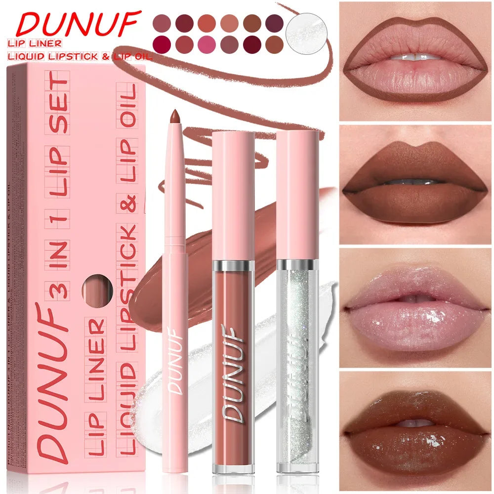 3Pc Rose Pink Matte Lipstick Set Waterproof Long-Lasting Nude Brown Lip Liner Pencil Lip Gloss Cheek Lip Tint Oil Kit for Makeup