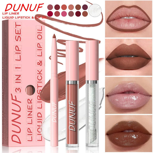 3Pc Rose Pink Matte Lipstick Set Waterproof Long-Lasting Nude Brown Lip Liner Pencil Lip Gloss Cheek Lip Tint Oil Kit for Makeup