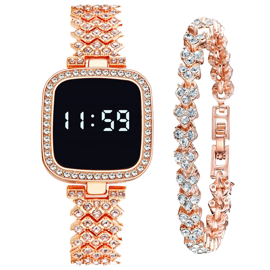 Women Digital Watch Set FREE Bracelet Square LED Ladies Watch Alloy Student Girl Touch Fashion Electronic Women'S Watch