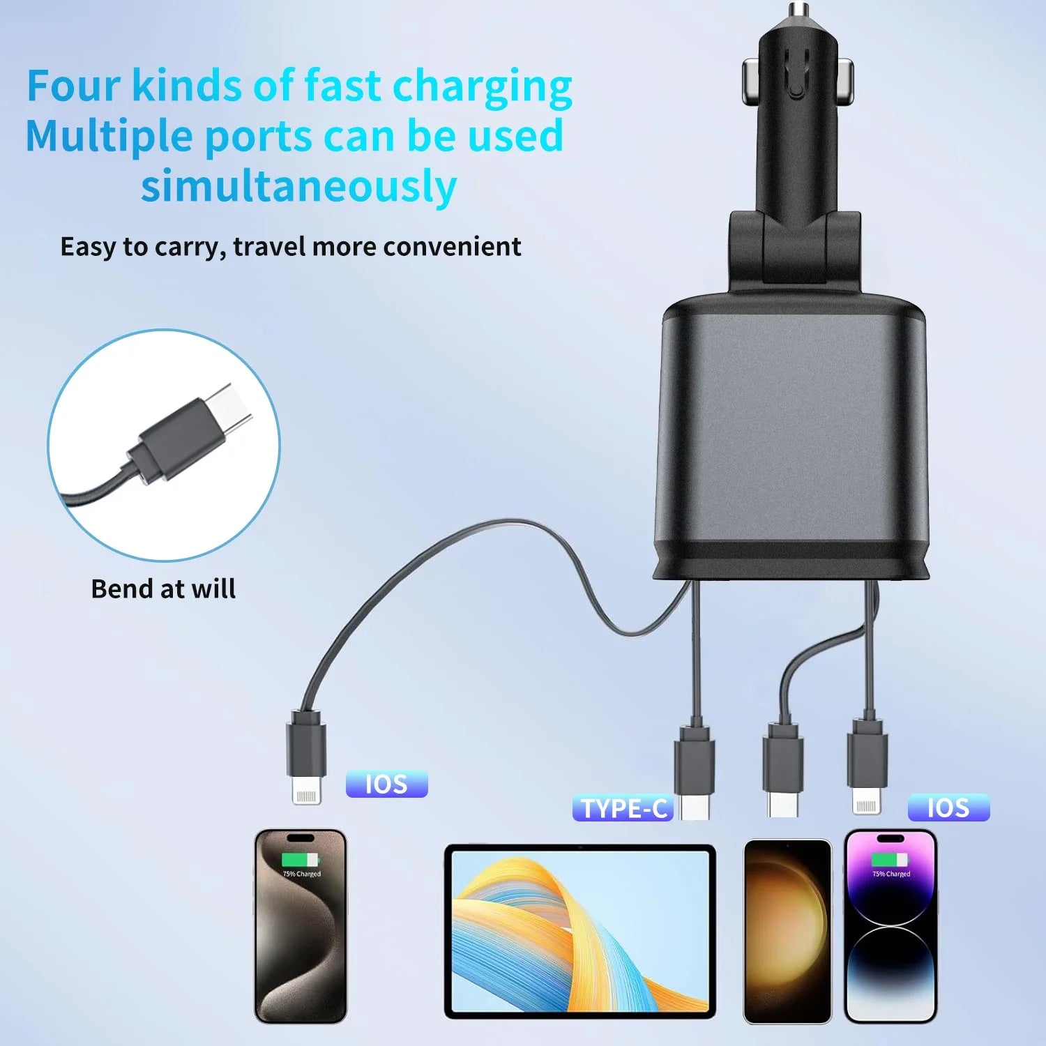 120W Super Fast Car Charger with 2 Scalable Cables & 2 Charge Ports,Roof Starlight,Voltage PD 30W Fast Charging for IOS Android