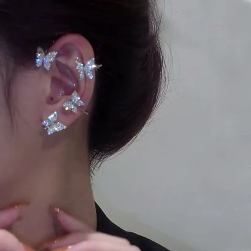 Korean Style Butterfly Ear Clips without Piercing for Women Sparkling Zircon Ear Cuff Clip Earrings Wedding Party Jewelry Gifts