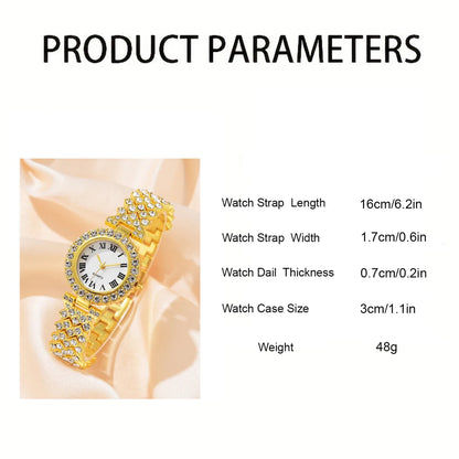 Fashion Luxury Women Gold Watch Bracelet Necklace 6Pcs Set Ladies Diamond Quartz Wristwatch Valentine'S Day Mother'S Day Gift