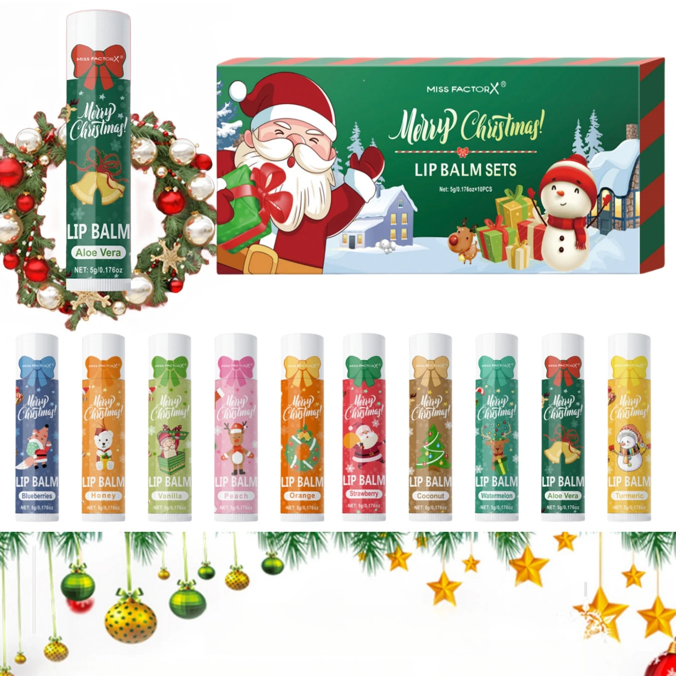 10Pcs/Box Christmas Gift Box, Lip Balm Set, Deeply Hydrating Lip Moisturizer, Lip Color Brighten, Gift to Women