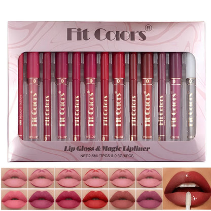 7Pcs Lipgloss 6Pcs Lip Liner Pencil Set Matte Non-Stick Cup Hook Lip Makeup Set Waterproof Long Lasting Lip Glaze
