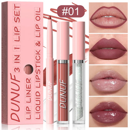 3Pc Rose Pink Matte Lipstick Set Waterproof Long-Lasting Nude Brown Lip Liner Pencil Lip Gloss Cheek Lip Tint Oil Kit for Makeup