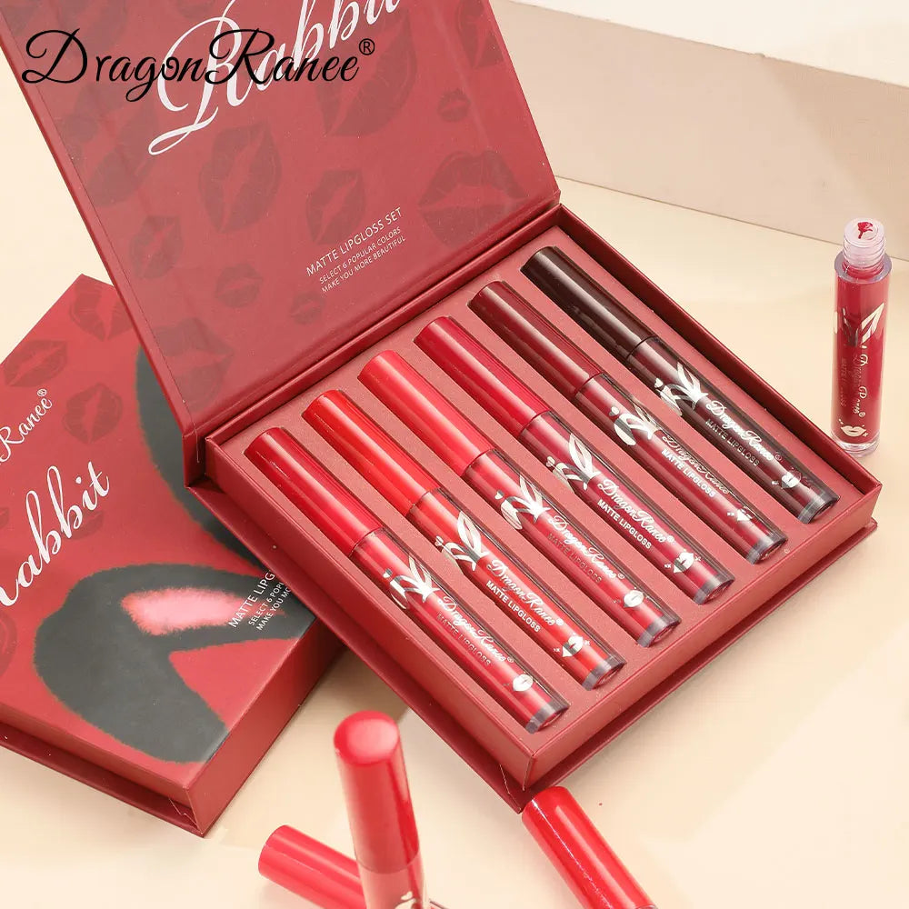 6 Lip Glaze Lip Gloss Set Velvet Matte Matte Lip Glaze Waterproof and Sweat-Proof Lipstick Non-Stick Cup Matte Lipstick Holiday Gift Set