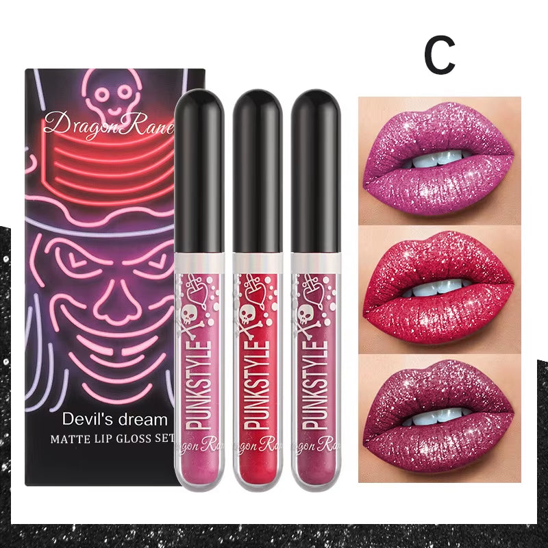 3Pcs Glitter  Waterproof Sexy Blue Purple Black Lip Gloss Shiny Lip Tint Halloween Lip Makeup Tool Korean Cosmetics