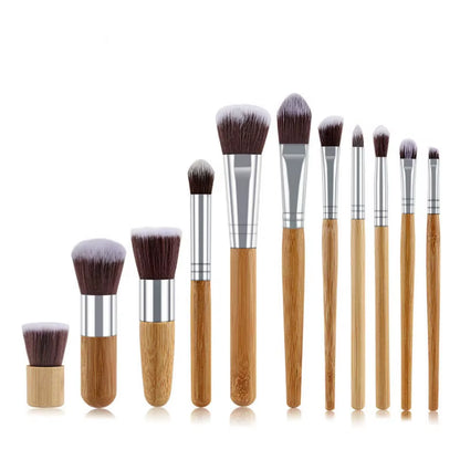 Hot 11Pcs Natural Bamboo Handle Makeup Brushes Set High Quality Foundation Blending Cosmetic Make up Tool Set with Cotton Bag