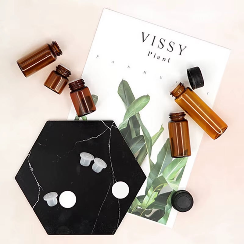 24Pcs 1Ml Small Amber Glass Vials Bottles Containers with Orifice Reducer Black Lid for Doterra Essential Oil Sample Perfume