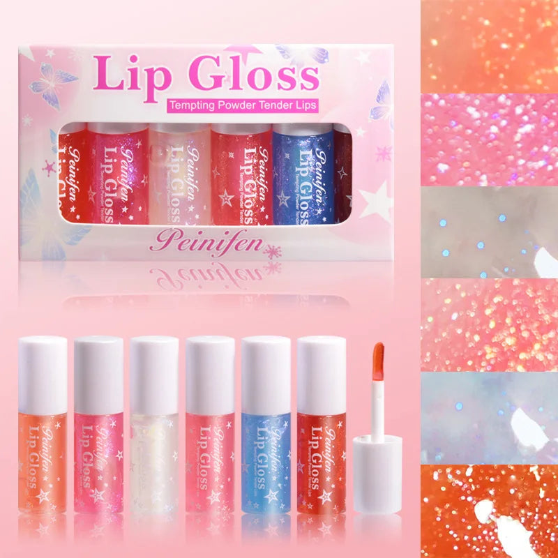 6Pcs Mini Pearl Lip Gloss Lip Glaze Orange Pink Full Shining Lip Glaze Set