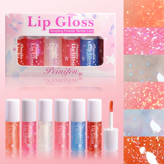 6Pcs Mini Pearl Lip Gloss Lip Glaze Orange Pink Full Shining Lip Glaze Set
