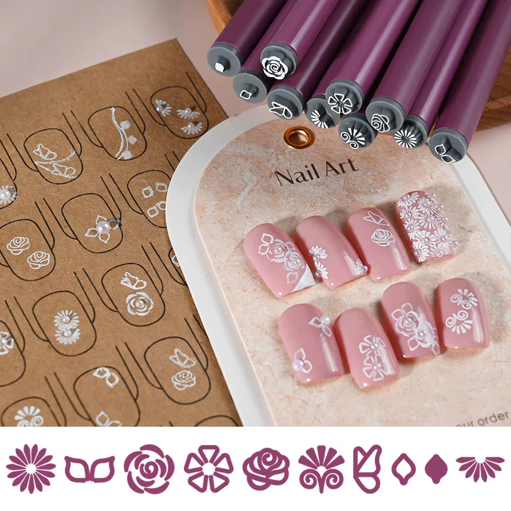 4/6/10/20Pcs Purple Nail Art Stamping Pens DIY Flower Graffiti Drawing Pen Nail Art Printing Templates Precision Nail Stamp Tool