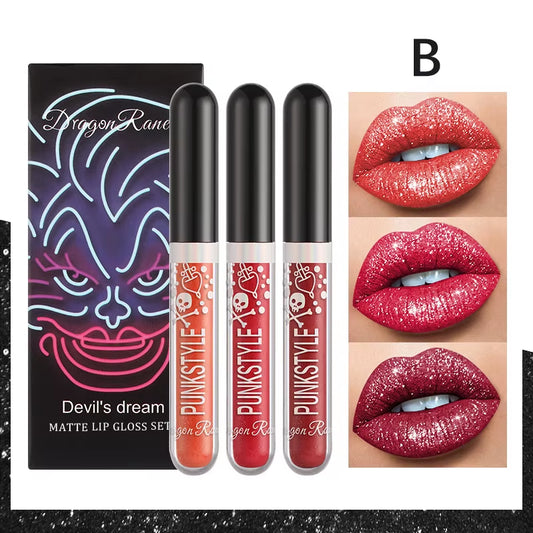 3Pcs Glitter  Waterproof Sexy Blue Purple Black Lip Gloss Shiny Lip Tint Halloween Lip Makeup Tool Korean Cosmetics