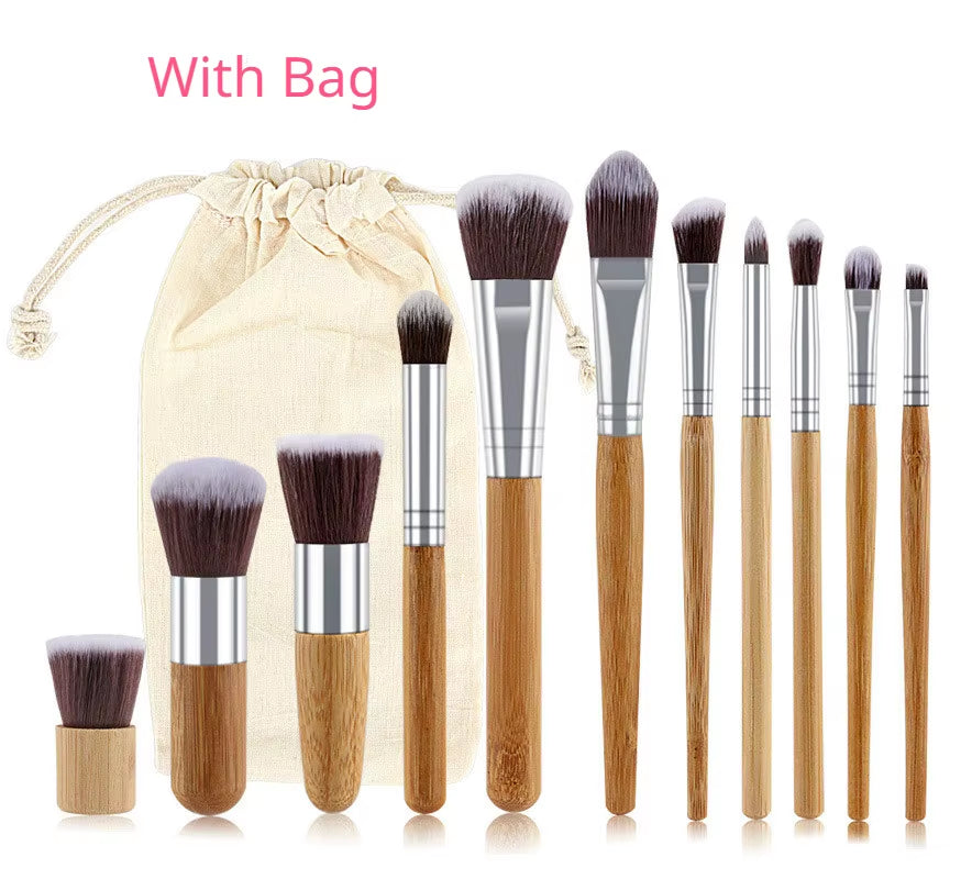 Hot 11Pcs Natural Bamboo Handle Makeup Brushes Set High Quality Foundation Blending Cosmetic Make up Tool Set with Cotton Bag
