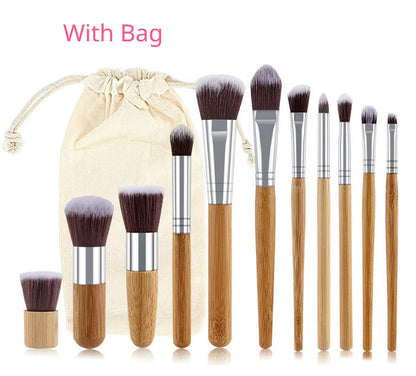 Hot 11Pcs Natural Bamboo Handle Makeup Brushes Set High Quality Foundation Blending Cosmetic Make up Tool Set with Cotton Bag