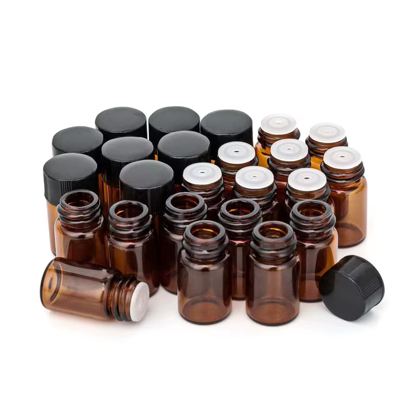 24Pcs 1Ml Small Amber Glass Vials Bottles Containers with Orifice Reducer Black Lid for Doterra Essential Oil Sample Perfume
