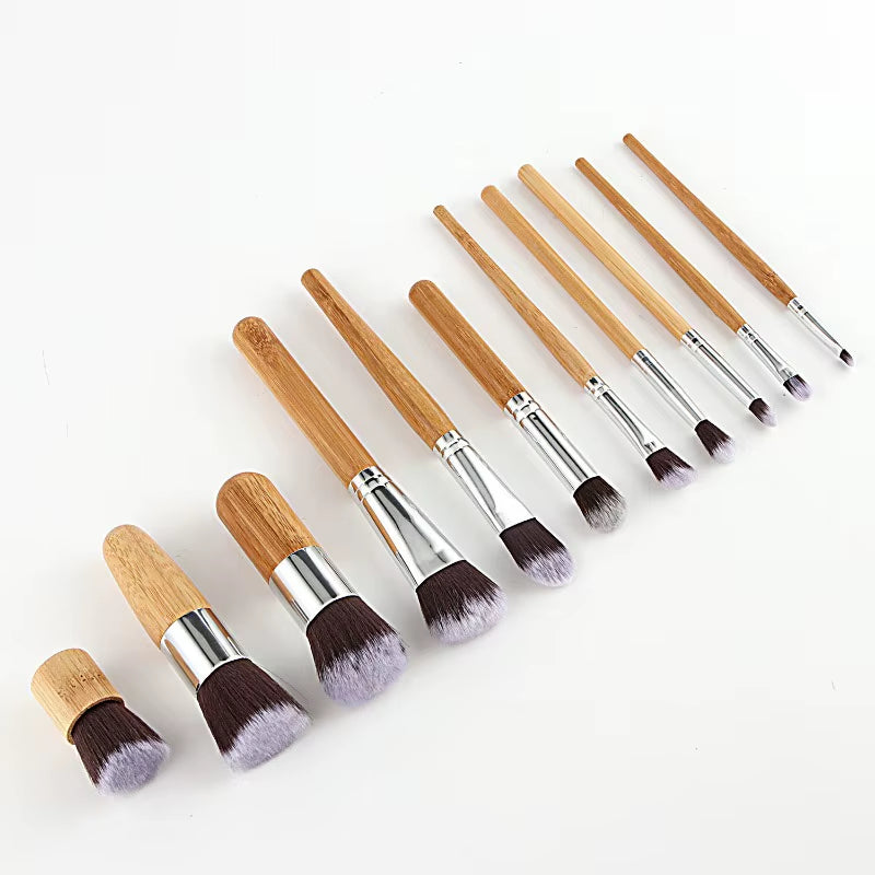 Hot 11Pcs Natural Bamboo Handle Makeup Brushes Set High Quality Foundation Blending Cosmetic Make up Tool Set with Cotton Bag
